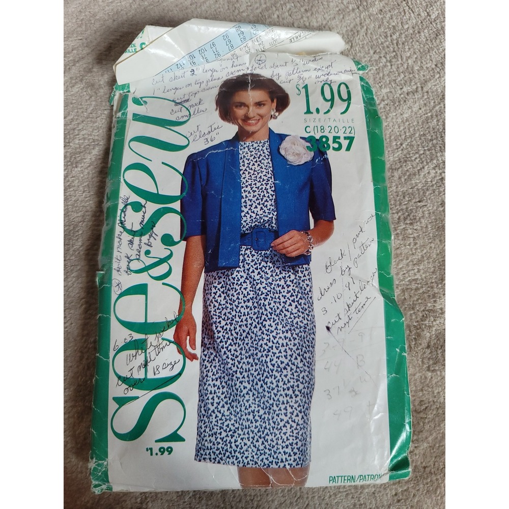 See & Sew 3857 Dress & Jacket Sewing‎ Pattern Sz 18-20-22 Vintage Plus Size